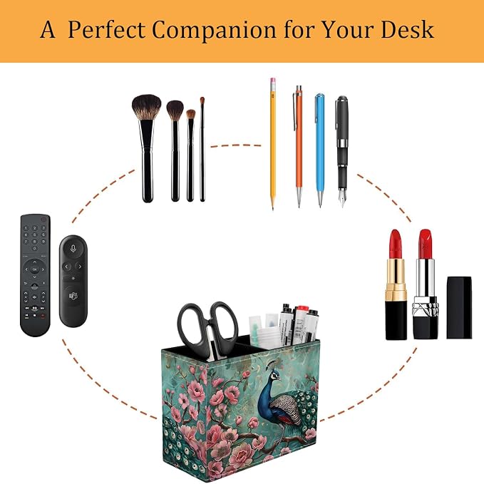 Pen Holder for Desk, PU Leather Multifunctional Desktop Storage Box and Anti-Slip Mouse Pad Set, Makeup Brush Holder Pen Organizer for Office and Home - Peacock