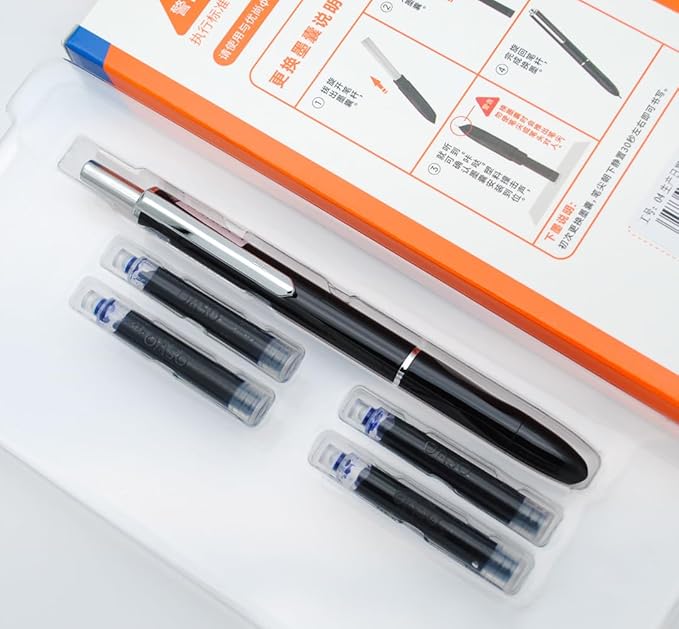 OASO K016 Retractable Fountain Pen Set 0.5mm with 4pcs Blue Ink Cartridges Smooth Writing for School Students (Deep Sea Black)