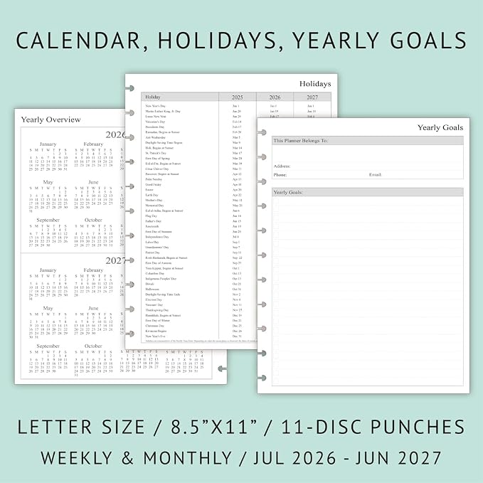2026-2027 Weekly Planner Refills for 11-Discbound Notebooks, Jul 2026 to Jun 2027, Monthly Tabs, 11-Disc Punches, Letter Size, 8-1/2" x 11"