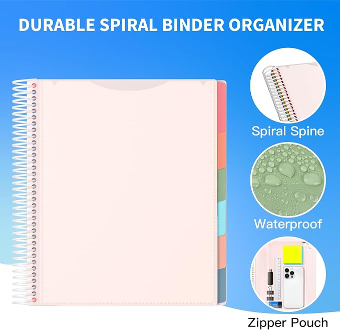12 Pocket Project Organizer, 6 Colors Multi Pocket Folder Binder with Dividers, Spiral Pocket Notebook with Zipper Pouch, Office Organizer File Folders, Letter Size, School Supplies, White