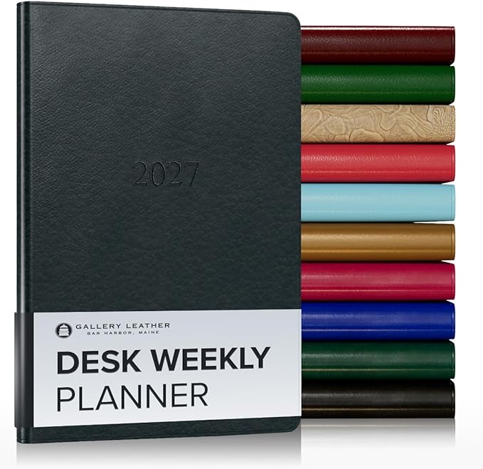 Gallery Leather Desk Weekly Monthly Planner 2027, Elegantly Bound Calendar Planner and Notebook with Stylish Gold-Gilded Page Edges, 12 Months - Tremont Atlantic - 8x5.5"