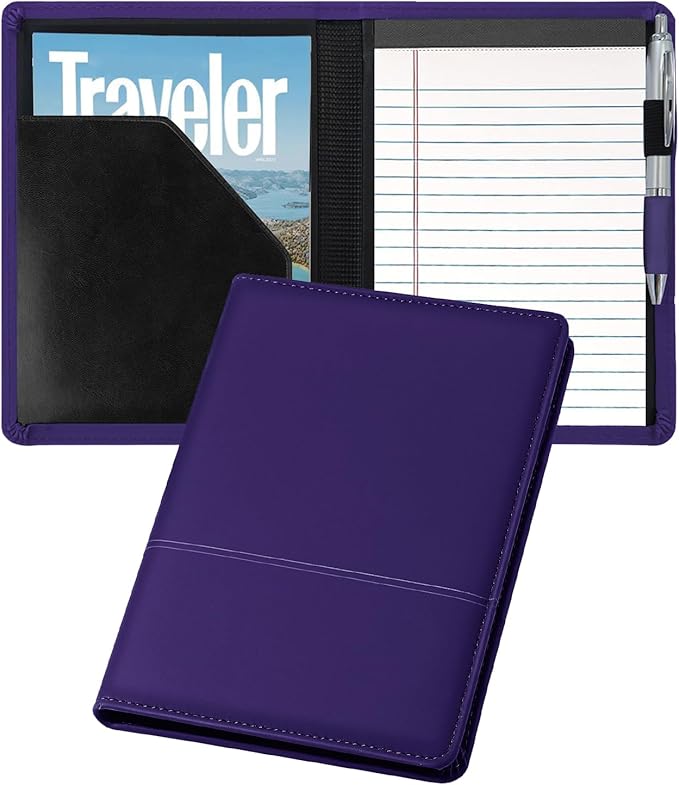 Classic Padfolio/Junior Portfolio Folder Case, Business A5 Leather Organizer Binder for Men Women, A5 Writing Pad Included, Dark Purple