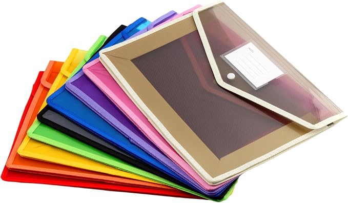 12PCS A4 Size Plastic File Folder - Expandable Poly Envelope Waterproof Transparent File Pouch with Snap Closure and Label Pocket, Assorted Colors