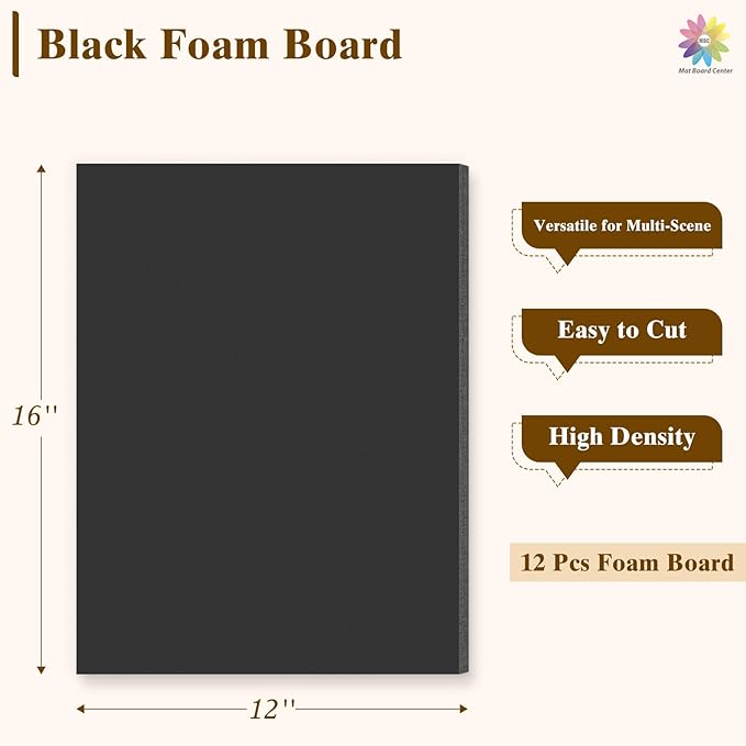 Mat Board Center, 12 Pack 12x16 Black Foam Boards, Acid Free Foam Core Board, 1/8 inch Thick
