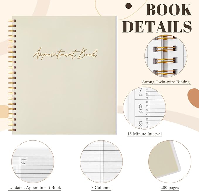 Maitys 2026-2027 5 Column Salon Appointment Book for Hairstylist Spa Business, Hourly Planner 15 Minute Interval, 200 Pages Undated 6 Am 9 Pm Spiral Bound Checklist Planner(Beige, Minimalist)