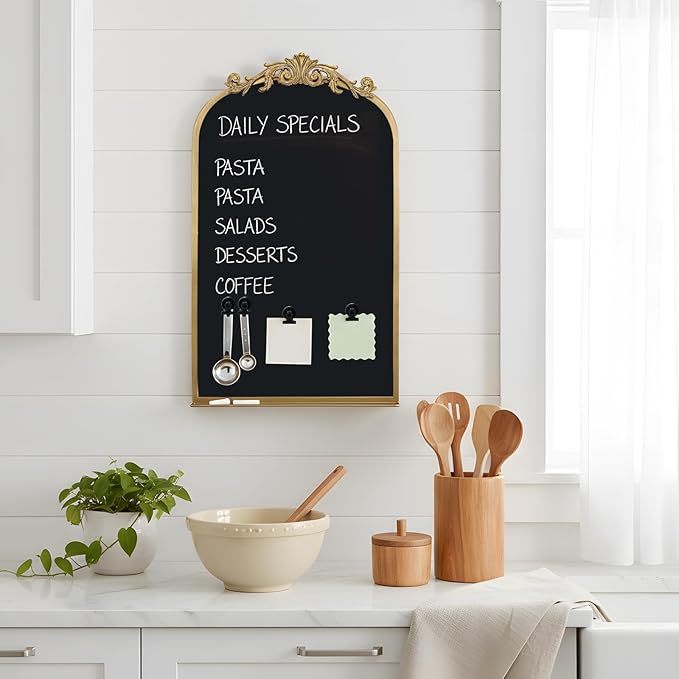 Vintage Magnetic Arch Chalkboard with Shelf - 19"x31" Decorative Wall Mounted Ornate Gold Framed Blackboard with Chalk, Clips & Cloth - Elegant Wedding Sign & Kitchen Menu Home Decor