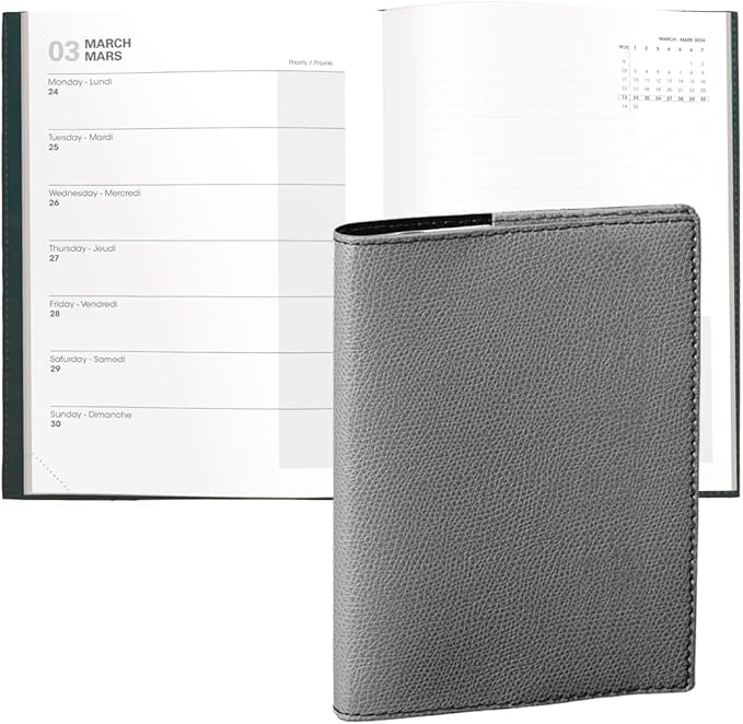 Quo Vadis 2026 Note - Bi-Lingual (EN/FR) - Weekly/Monthly Planner - 16 Months, Sept. 2024 to Dec. 2026 - 6" x 8 1/4" - Grained Faux Leather Club Grey Cover - A Modern Design for Journaling and Detailed Planning