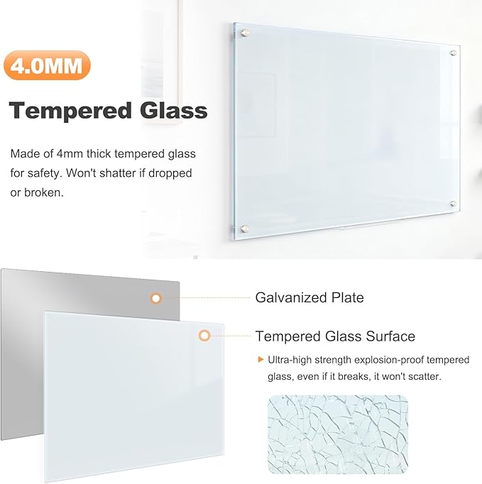Glass Magnetic Dry Erase Board, 36" x 24" Tempered Glass Whiteboard Wall Mounted White Board for Home, Office, School, 1 Acrylic Pen Tray