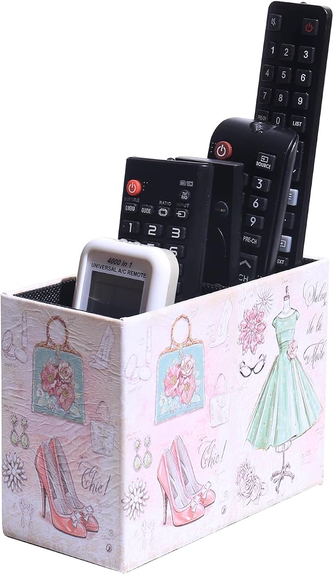 Decorative Remote Control Holder, Leather TV Remoter Caddy Storage Box Desktop Organizer Makeup Brush Pen Holder Storage Fits TV Remotes, Media Controllers, Office Supplies (Dress Pattern)