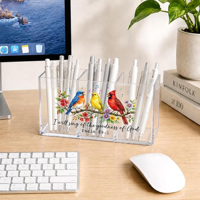 Chistian Bird Acrylic Pen Holder for Desk, I Will Sing Of The Goodness Of God Psalm 89:1 Bible Verse Desk Organizer for Office Home, Back to School Gifts for Women Teachers Coworkers Friends