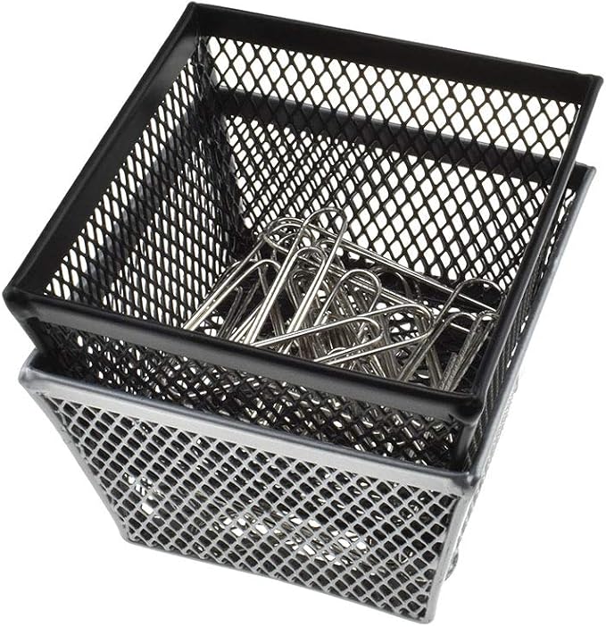 HAHIYO Stackable Paper Clip Mesh Holder Cup 2.2" Height 4 Pack Sturdy Paperclip Holder Container for Desk Drawer Organizer Collection for Home Office School Black Silver Soft Foam Feet No Sharp Edges