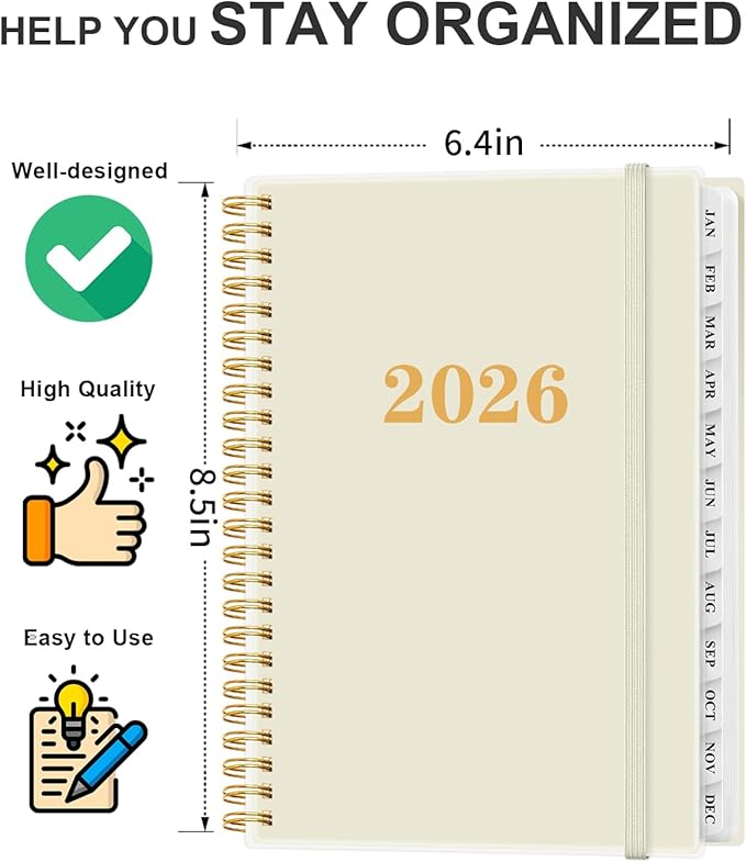 2026 Planner - Weekly and Monthly Planner from Jan 2026 - Dec 2026, Spiral Planning 2026 with 12-Month Tabs, Inner Pocket, 6.25" x 8.5", Beige