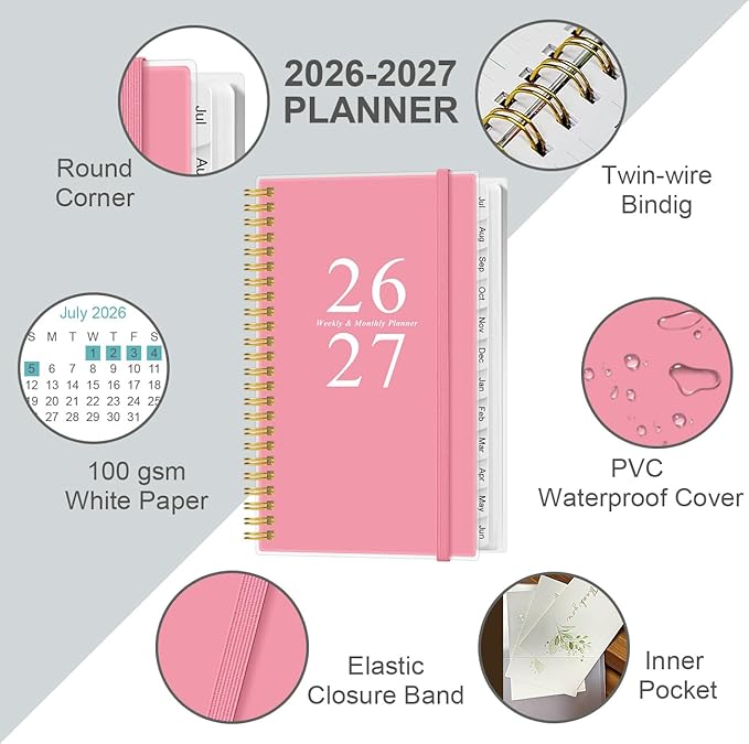 2026-2027 Pocket Planner/Calendar - 2026-2027 Planner from July 2026 - June 2027, Planner 2026 with 12 Tabs, Twin-Wire Binding, Inner Pocket, 3.75" x 6.75", Pink