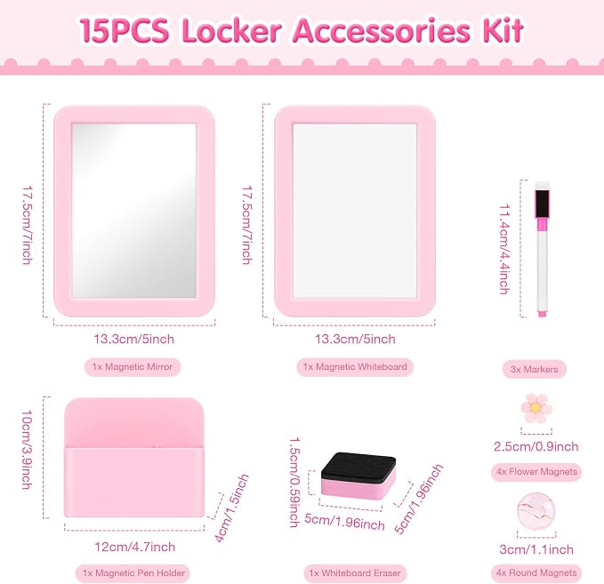 MoKo Locker Accessories Set, 15PCS Back to School Supplies Includes Magnetic Mirror, Whiteboard, Markers, Pen Holder, Magnets, Locker Organizer for School Office (Pink)