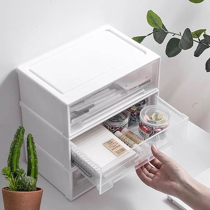 Set of 3 Stackable Storage Drawers, White Plastic Desk Storage Boxes for Dressing Table, Office Desk, TV Cabinet, Bathroom, Shoe Cabinet Storing Various Items