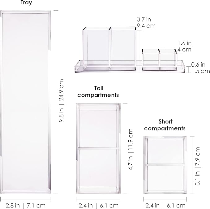 Clear Acrylic Office Desk Accessories Organizer with Tray, 4 Section Office Supplies Holder & Make Up Brush Cup Holders | For Home & Workspace