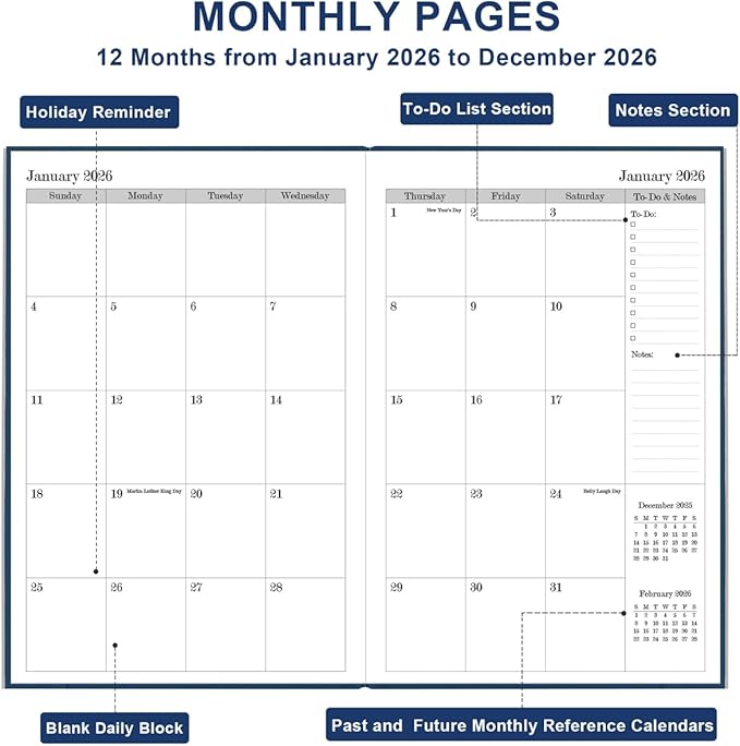 2026 Daily & Monthly Planner - 2026 Daily Planner One Page Per Day from January 2026 to December 2026, 5.8" x 8.3" Hourly Appointment Book Perfect Organizer Daily Life, Fabric Cover, Blue
