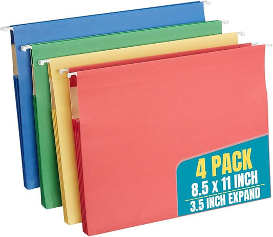 1InTheOffice Expanding Hanging File Folders 3.5" Expansion, Letter Size, Assorted, 4 Pack
