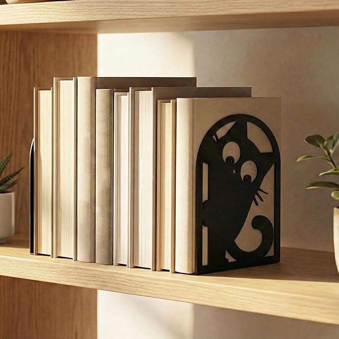 2Pcs Metal Bookends for Shelves, Unique Peeping Cat Book Ends Decorative for Heavy Books, Decorative Books Used on Desk, Shelf, Farmhouse for Small, Bookshelf Decor for Shelves Home