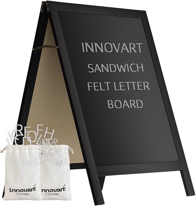 INNOVART A-Frame Sidewalk Sign 40”x26”, Sandwich Felt Letter Board w/Changeable Letters, Double-Sided Felt Letter Board, Free Standing Letter Board Easel for Restaurant, Business, Wedding, Black