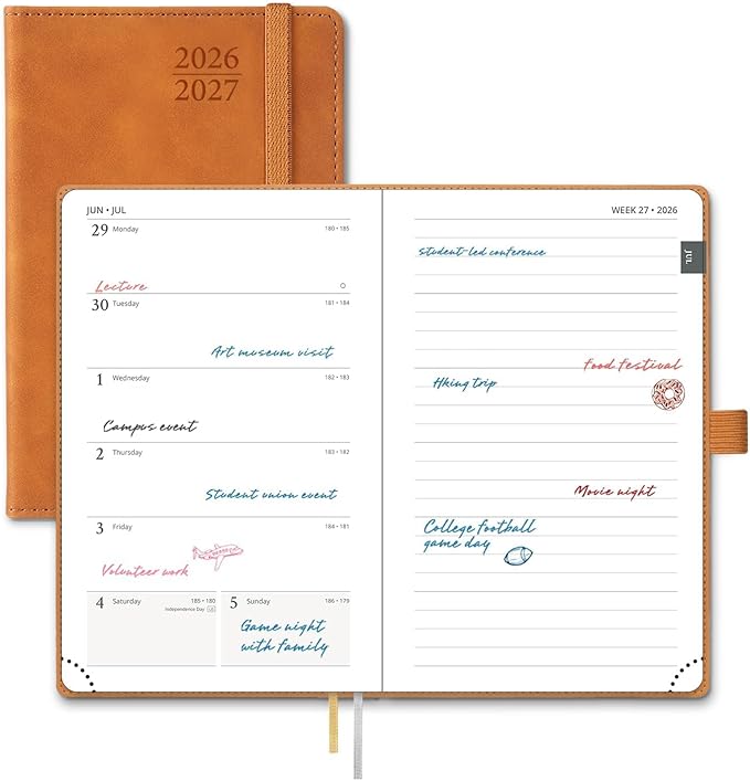 POPRUN 2026-2027 Pocket Planner (Size 4''x 6.25'') Weekly and Monthly Academic Calendar (JUL.26 - JUN.27) with Note Page and Monthly Tabs, Inner Pocket, Leather Soft Cover, 100 GSM - Brown
