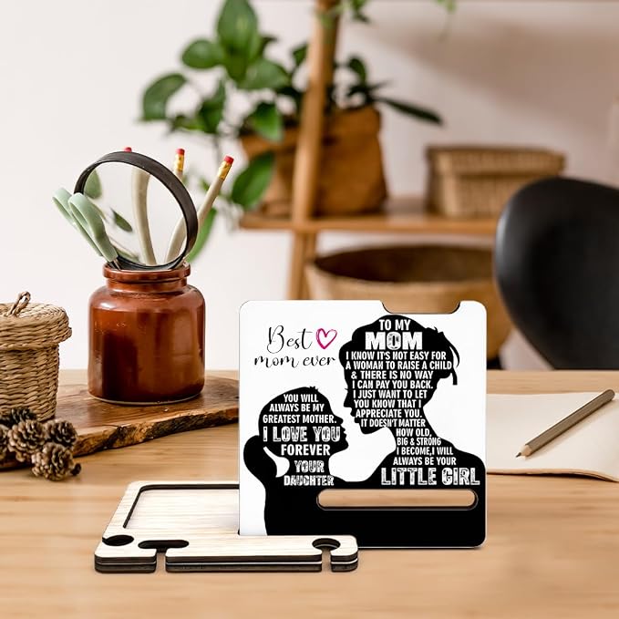 Mother's Day Appreciation Gift - Multi-functional Desk Organizer - Motivational Best Mom wooden Sign for Office Desk Shelf Decor