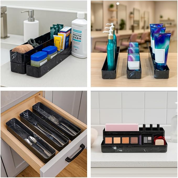 Best Kept | Pantry Organizer | Plastic | Shower Shelves | Makeup Brush Organizers | 3-Piece Dark Grey Marble Trays