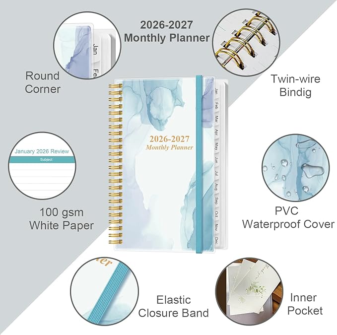 2026-2027 Monthly Planner - January 2026 - June 2027, Two Pages Per Month, 18 Monthly Calendar/Planner with Tabs, Strong Twin-Wire Binding, Inner Pocket, 3.75" x 6.5", Blue Watercolor