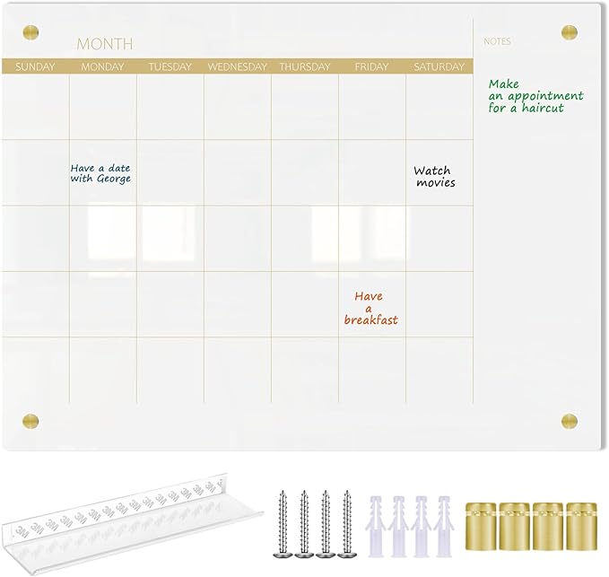 TORASO Glass Dry Erase White Board Monthly Calendar Board, Glass WhiteBoard for Wall, 11.8"x15.7", Planner Board for Home, Office, Schoo（ Monthly-WH-3040）