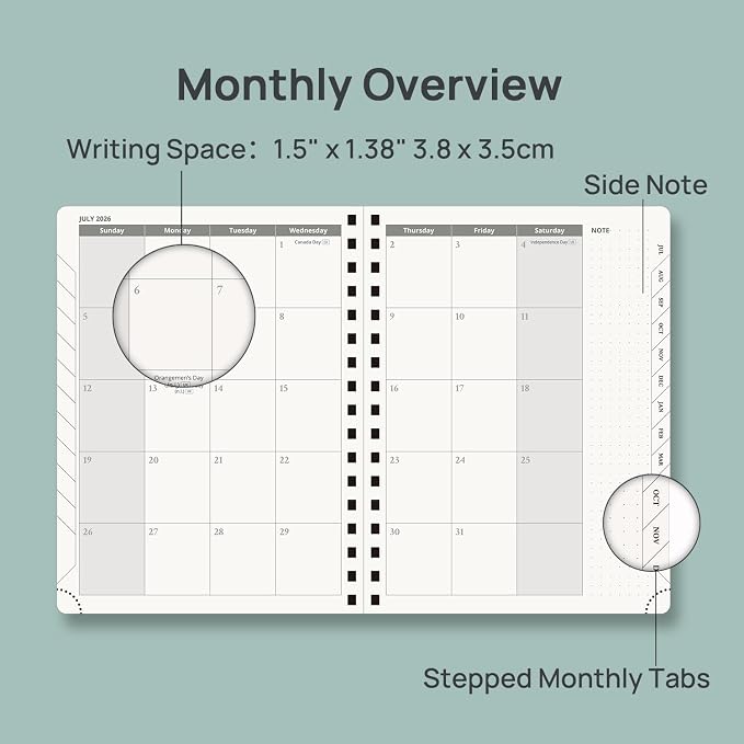 POPRUN Planner 2026-2027 (Medium - 6.5'' x 8.5'') Academic Weekly Calendar (July 2026 - June 2027) with Hourly Time Slots, Monthly Tabs, 100GSM Thick Papers, Spiral Leather Cover - Pacific Green