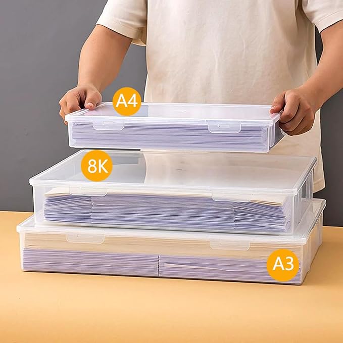 Clear Plastic File Storage Boxes with Lids for Files,Stackable File Box,File Portable Paper Case,Containers for Organizing Paper, Letters, Documents, Art Supplies (Clear-A3 for one)