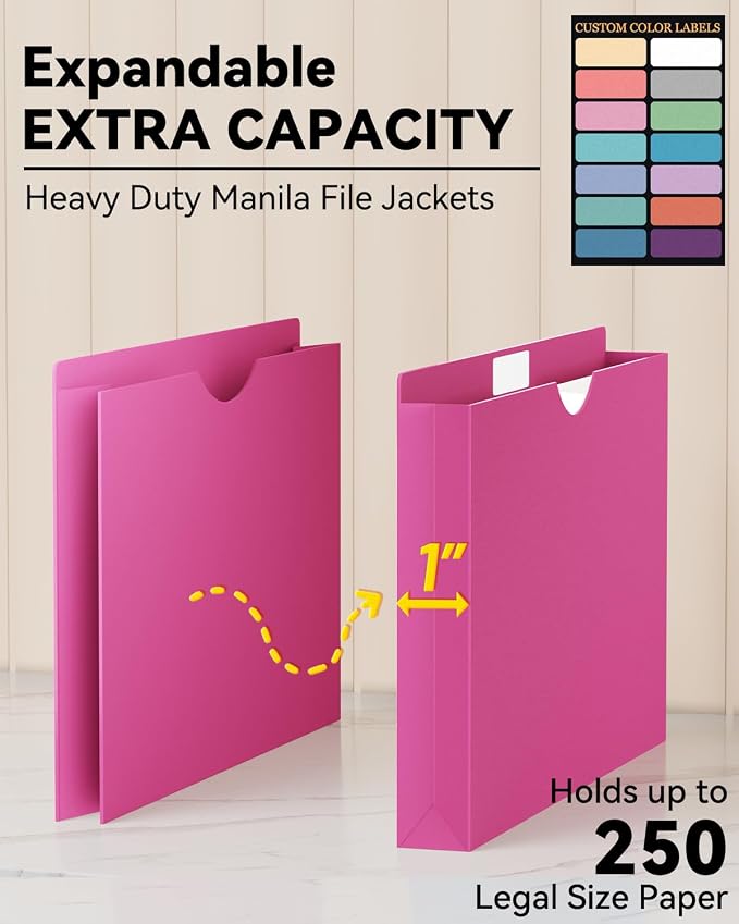 ANSOOK Manila File Jackets & File Pockets Legal Size,Heavy Duty 1" Expansion Manila File Folder,12 Pack Plastic Job Folder for File Cabniet,Expanding File Jacket Folders with Straight Cut Tab