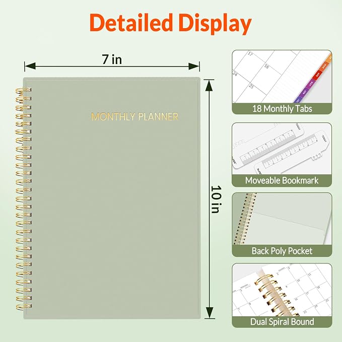 SUNEE Monthly Planner 2026-2027 - 18 Months Calendar Planner from Jul 2026 to Dec 2027, 7"x10" Yearly Planner with Tabs, Spiral Binding, Organizer for School Office Home, Sage Green