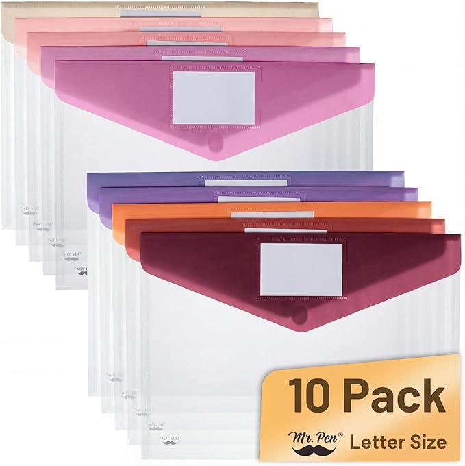 Mr. Pen- Clear Plastic Envelopes File Folders, 10 Pack, A4, Letter Size, Colorful Flaps, Clear Folders for Documents Plastic Poly Envelopes with Label for School, Home, Work, Office, Organizer