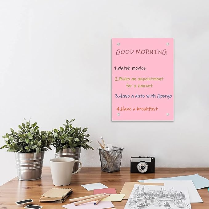 Pink Glass Dry Erase Whiteboard, 12" x 16" Frameless Glass White Board for Home,School,Office,Pink Surface