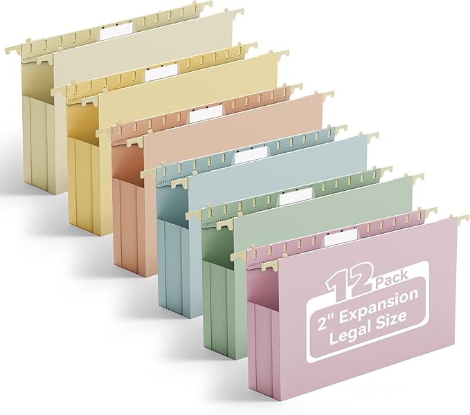 Ansook Legal Size Hanging File Folders,12 Pack File Folders Legal Size with Heavy Duty 2" Expansion, Plastic Hanging Folders for Filling Cabniet, Hanging Organizer for Office Home, Assorted Colors
