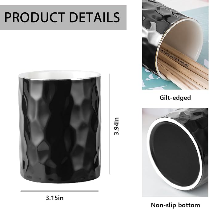 Aesthetic Desk Organizer Set of 2 For Your Office - Sturdy Concrete Desktop Accessories For Women or Men Enhance Any Office Decor - Set incl. Ceramic Black Pen Holder and Paper Clip Holder
