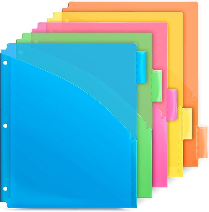 Dunwell Plastic Binder Dividers with Front Pocket (5 Tab), Clear Slash Single Pocket Divider with Tabs, 3 Ring Binder Pockets with Index Tab, Acid-Free, Notebook Dividers Include Label Inserts