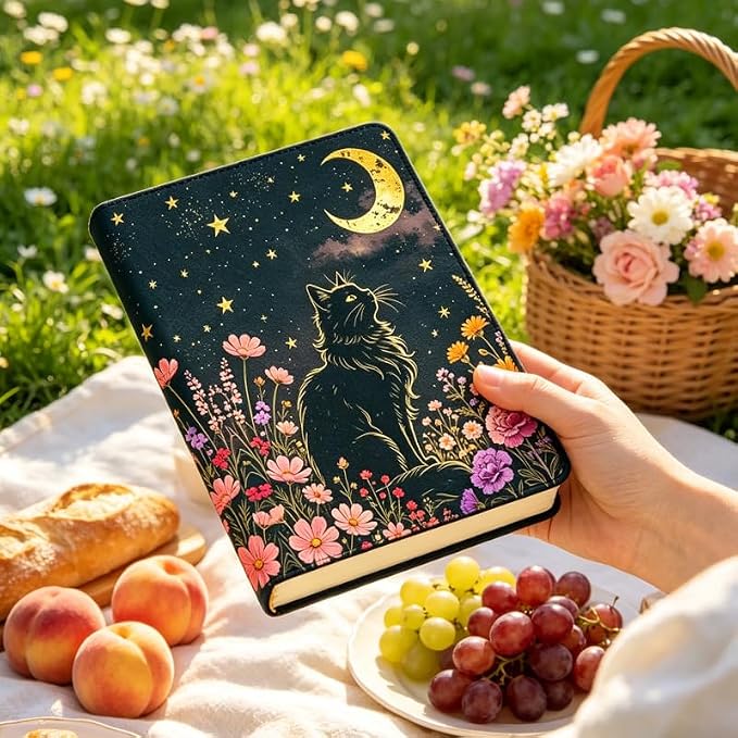 Cat & Flower Patern Stretchable Book Cover 15.7"x9.8", Elastic Washable Book Protector for Hardcover Textbooks Paperbacks, Reusable Polyester Book Sleeve for Women