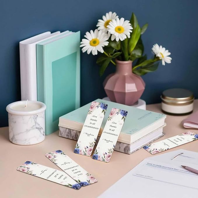 Pink Blue Flowers 5 Pcs Bookmarks Give Thanks Bible Word Wooden Bookmarks with Tassel for Students Reader Teachers Book Lovers