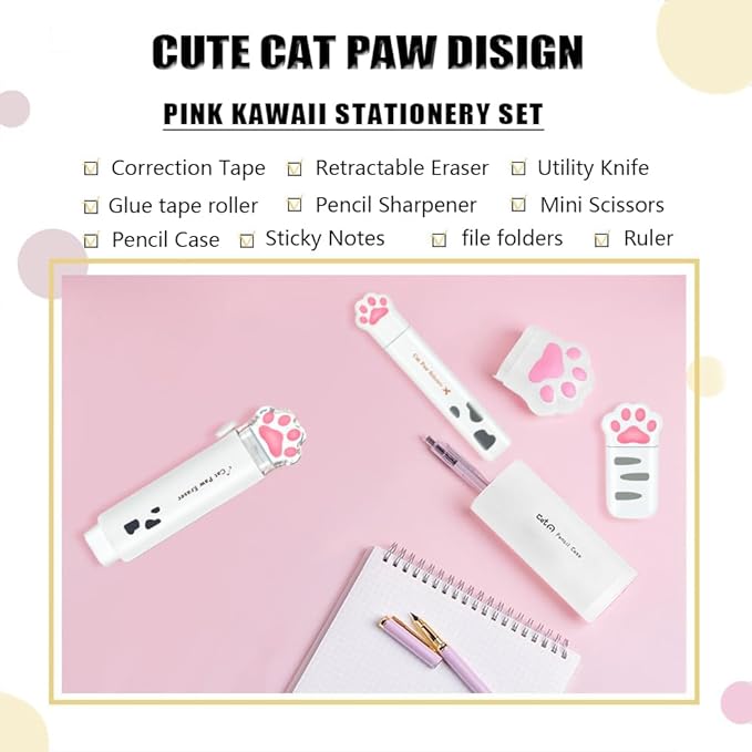 Cute School Supplies,Stationary Gift Set, Japanese Stationery Birthday GIFS, Includes Pencil Sharpener,Eraser, Correction Tape, Ruler, Mini Scissors,Utility Knife, for Office School Supplies (White)