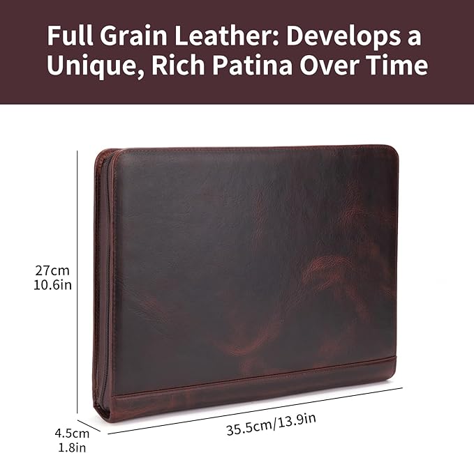 Genuine Leather Portfolio for Women and Men, 8.5 x 11 Legal Pad Padfolio, Zippered Notebook Organizer for 13” Laptop, Business Executive Professional Folio for Work, Dark Brown, Oil Tanned