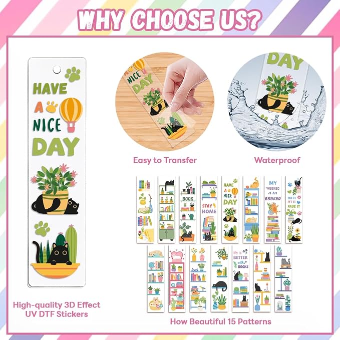 Peacoblue 30pcs UV DTF Bookmarks Transfer Stickers Wraps Bookshelves and Green Plants for Women Men Reading, Waterproof Bookmarkers Decal(No Blank Bookmarks) for Acrylic Plastic Metal Blank Bookmark
