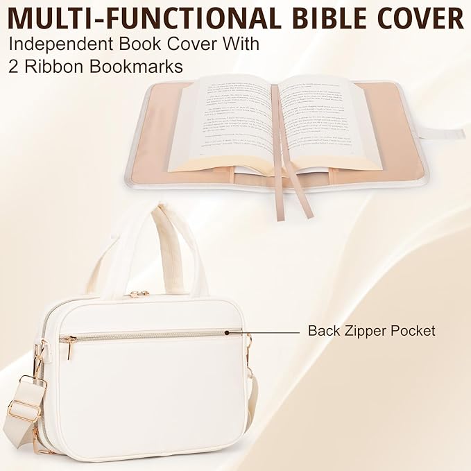 Large Bible Cover for Women,2 Compartments Bible Carrying Case With Handles Shoulder Strap, Soft Puffy Quilted Bible Bags With Book Cover Organizer, Bible Tote For Church Study Supplies Accessories