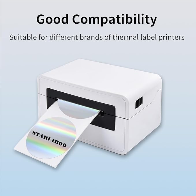 Round Thermal Label Printer Stickers, 3 Inch Holographic Silver Thermal Label Sticker, Holographic Circle Direct Printer Stickers- Perforation Line Design