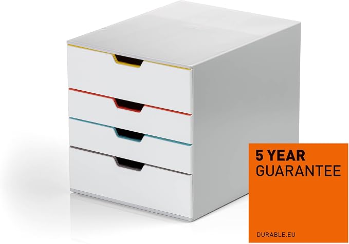 Durable VARICOLOR 4 Drawer Unit - White Desktop Drawer Set with 4 Color Coded Draws - Letter Size Files - Perfect for Storing Documents and Paper Work