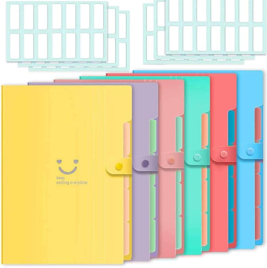 Selizo 6 Pcs Expanding File Folder with 5 Pockets Organizer Plastic A4 Size and 168 Pcs File Folder Labels for School Teacher and Office