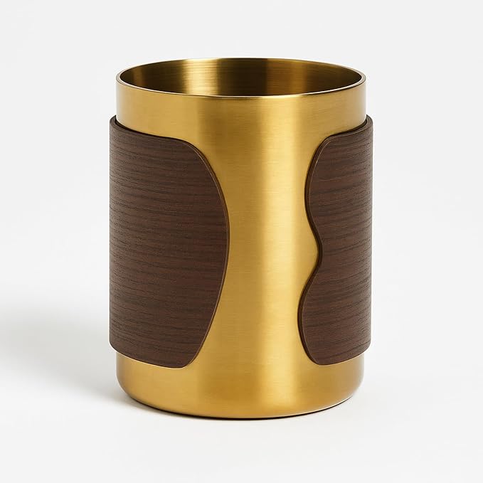 MultiBey Gold Pencil Holder Cup, Luxury Walnut Pen Holder Metal Organizer Small Vase, Offices Stationery Makeup Brushes Holder Decoration Desk Accessory for Office Home