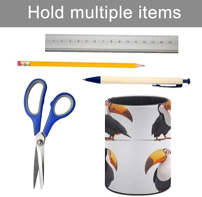 A Friendly Toucan Pencil Holder Round Pen Cup Different Poses PU Leather Marker Holder Makeup Brush Holders Desk Accessories Workspace Organizers for Home School Office