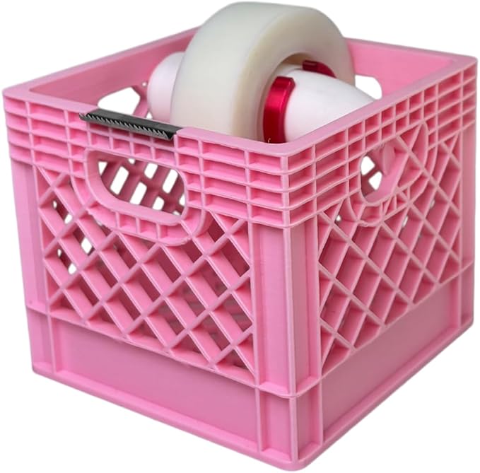 Mini Milk Crate Tape Dispenser - Cute Desk Accessories - Fun Office Supplies- Unique Unusual Desktop Organizer - Useful Novelty Practical Coworker Gag Gifts Vintage Decor Accents (Pink)